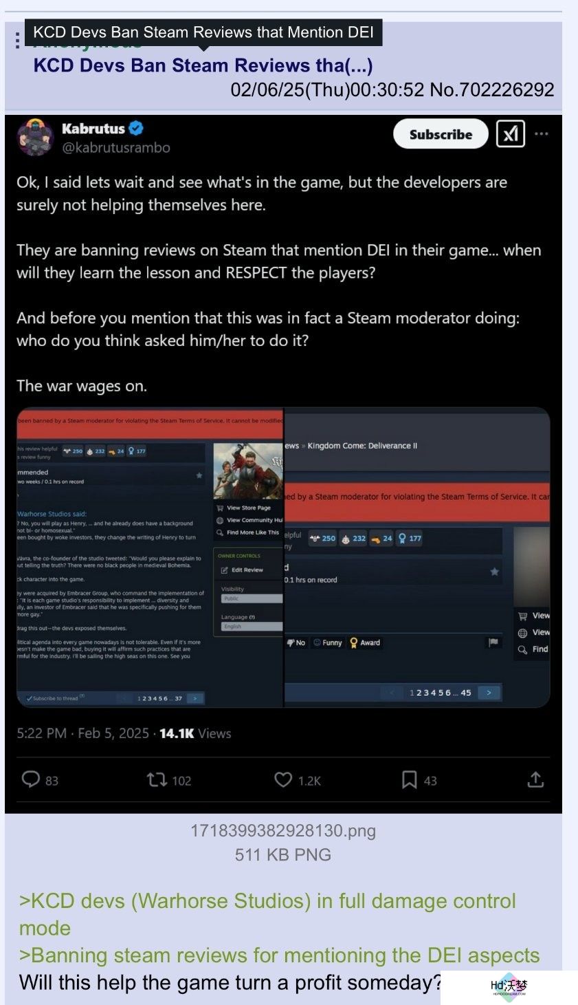 《天国：拯救2》禁止大家在Steam上讨论DEI